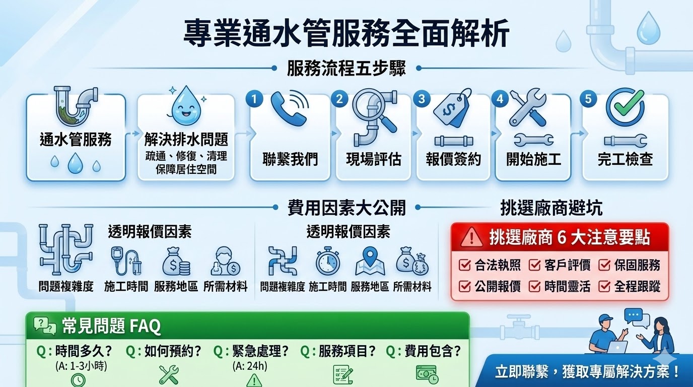 專業的【通水管服務】能有效解決各種管道問題，如排水不暢或漏水等。無論是家庭或商業場所，專業技術人員會根據實際情況進行評估與處理，保證您的排水系統恢復正常運作。選擇正規的【通水管】公司，能確保服務品質，並提供完善的維修保固，讓您無後顧之憂。